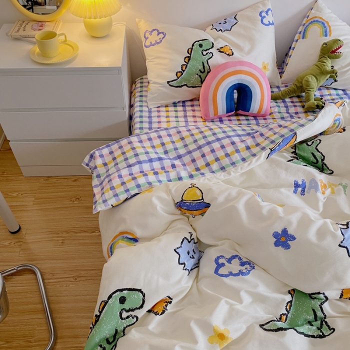 91家纺网 家纺一手货源 找家纺 星期八 2021新款13372你好春天系列四件套 happy恐龙