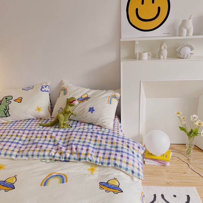 91家纺网 家纺一手货源 找家纺 星期八 2021新款13372你好春天系列四件套 happy恐龙