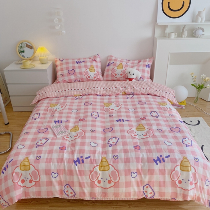 91家纺网 家纺一手货源 找家纺 星期八 2021新款13372你好春天系列四件套 粉格汪