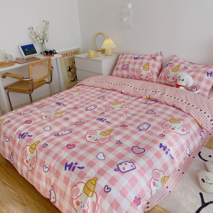 91家纺网 家纺一手货源 找家纺 星期八 2021新款13372你好春天系列四件套 粉格汪