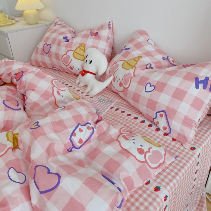 91家纺网 家纺一手货源 找家纺 星期八 2021新款13372你好春天系列四件套 粉格汪