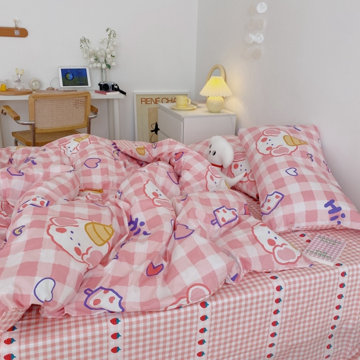 91家纺网 家纺一手货源 找家纺 星期八 2021新款13372你好春天系列四件套 粉格汪