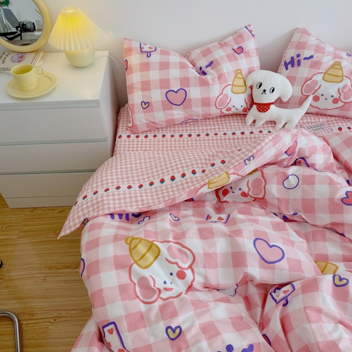 91家纺网 家纺一手货源 找家纺 星期八 2021新款13372你好春天系列四件套 粉格汪