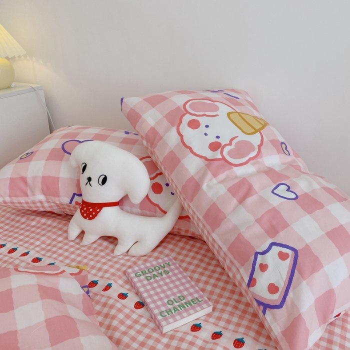 91家纺网 家纺一手货源 找家纺 星期八 2021新款13372你好春天系列四件套 粉格汪