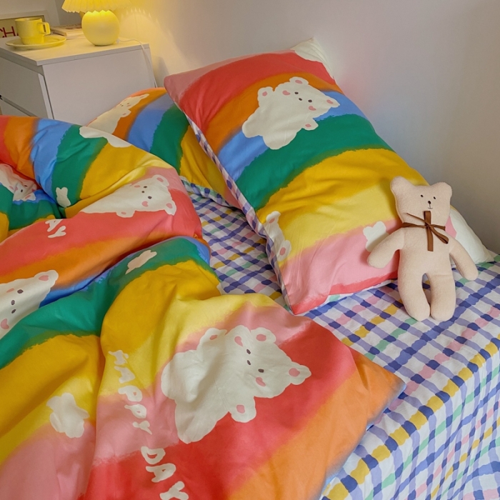 91家纺网 家纺一手货源 找家纺 星期八 2021新款13372你好春天系列四件套 七彩小熊