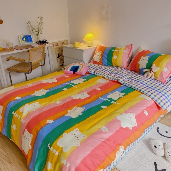 91家纺网 家纺一手货源 找家纺 星期八 2021新款13372你好春天系列四件套 七彩小熊