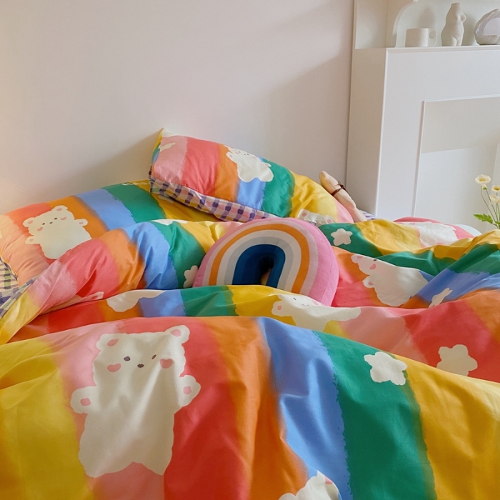 91家纺网 家纺一手货源 找家纺 星期八 2021新款13372你好春天系列四件套 七彩小熊