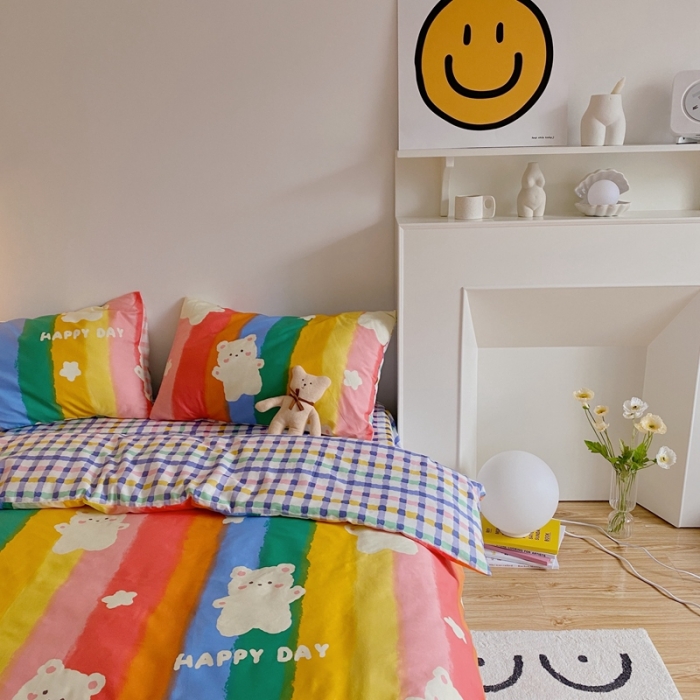 91家纺网 家纺一手货源 找家纺 星期八 2021新款13372你好春天系列四件套 七彩小熊