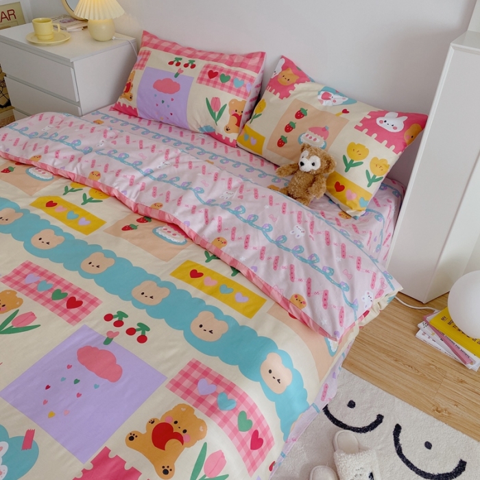 91家纺网 家纺一手货源 找家纺 星期八 2021新款13372你好春天系列四件套 兔子与熊