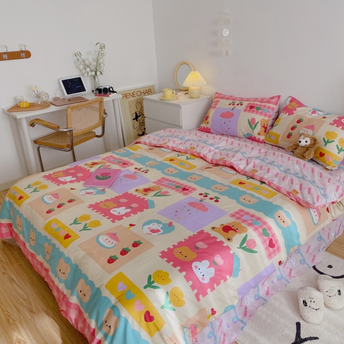 91家纺网 家纺一手货源 找家纺 星期八 2021新款13372你好春天系列四件套 兔子与熊