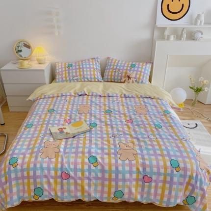 星期八 2021新款13372你好春天系列四件套 紫格小熊