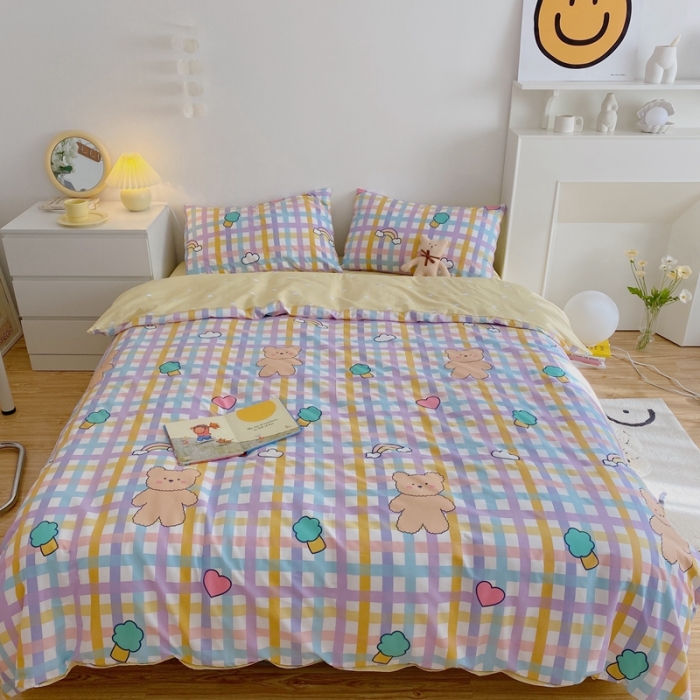 91家纺网 家纺一手货源 找家纺 星期八 2021新款13372你好春天系列四件套 紫格小熊