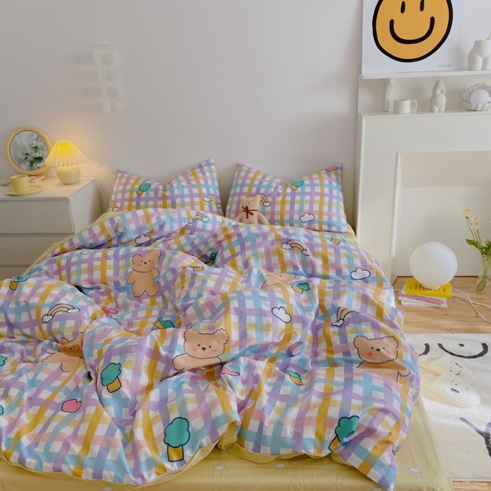 91家纺网 家纺一手货源 找家纺 星期八 2021新款13372你好春天系列四件套 紫格小熊