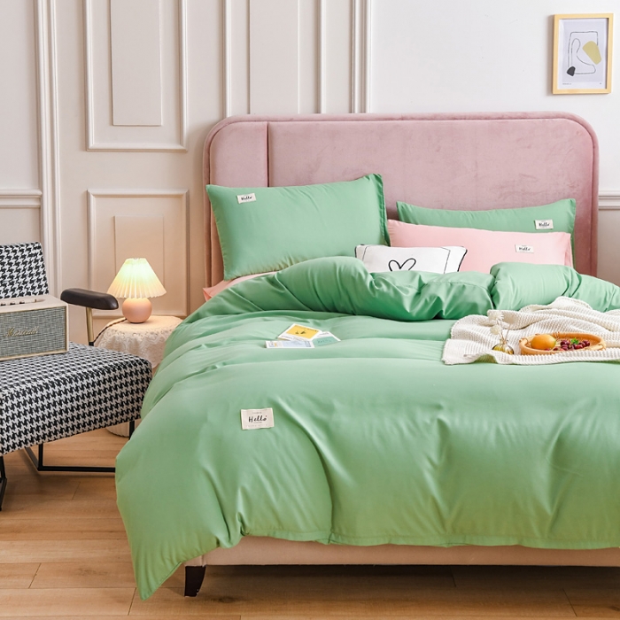 91家纺网 家纺一手货源 找家纺 秋艳家纺 2023新款秦至棉纯色双拼四件套 果绿+玉