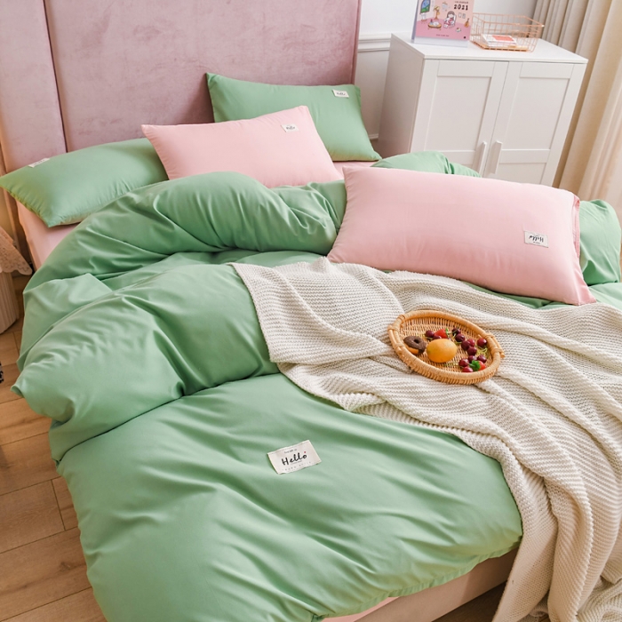 91家纺网 家纺一手货源 找家纺 秋艳家纺 2023新款秦至棉纯色双拼四件套 果绿+玉