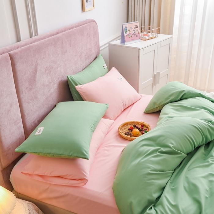 91家纺网 家纺一手货源 找家纺 秋艳家纺 2023新款秦至棉纯色双拼四件套 果绿+玉