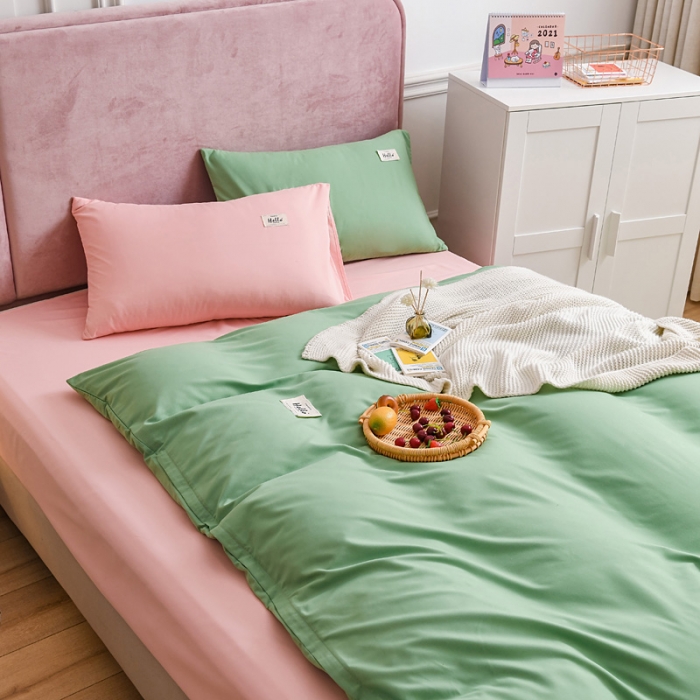 91家纺网 家纺一手货源 找家纺 秋艳家纺 2023新款秦至棉纯色双拼四件套 果绿+玉