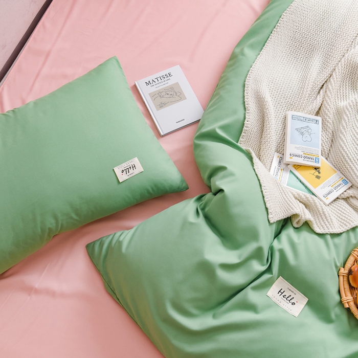 91家纺网 家纺一手货源 找家纺 秋艳家纺 2023新款秦至棉纯色双拼四件套 果绿+玉