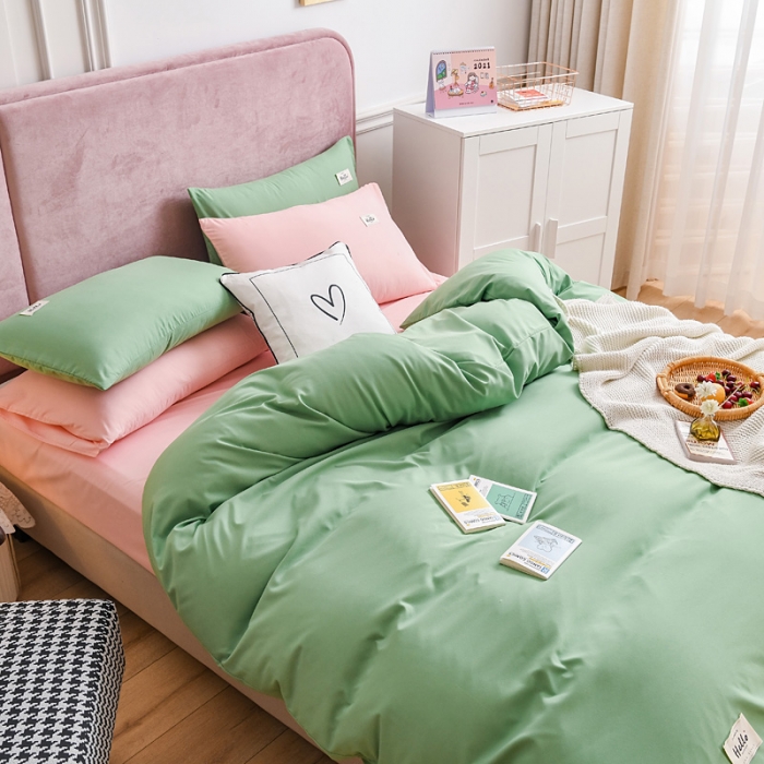 91家纺网 家纺一手货源 找家纺 秋艳家纺 2023新款秦至棉纯色双拼四件套 果绿+玉