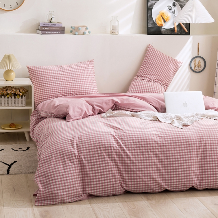 91家纺网 家纺一手货源 找家纺 简色坊 2023新款全棉水洗棉四件套 豆沙小格