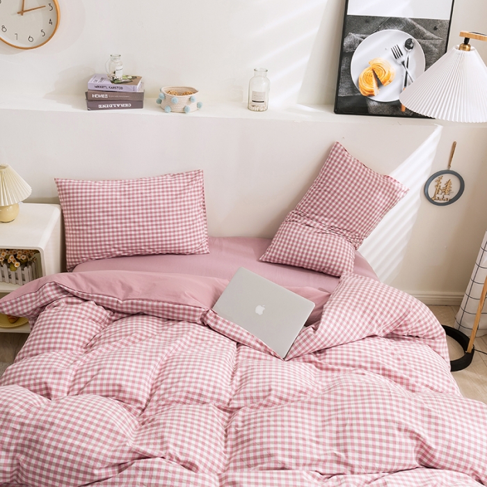 91家纺网 家纺一手货源 找家纺 简色坊 2023新款全棉水洗棉四件套 豆沙小格