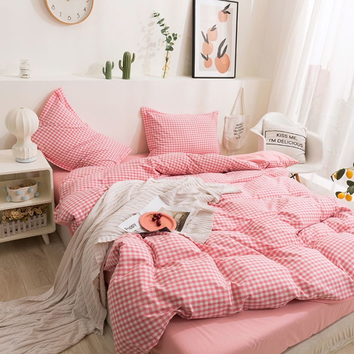 91家纺网 家纺一手货源 找家纺 简色坊 2023新款全棉水洗棉四件套 粉小格