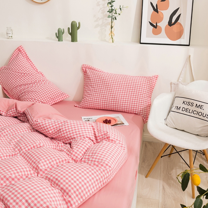 91家纺网 家纺一手货源 找家纺 简色坊 2023新款全棉水洗棉四件套 粉小格