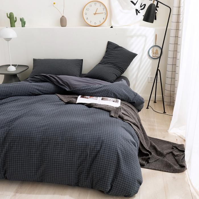 91家纺网 家纺一手货源 找家纺 简色坊 2023新款全棉水洗棉四件套 条格-灰