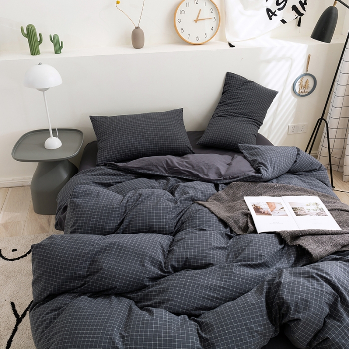 91家纺网 家纺一手货源 找家纺 简色坊 2023新款全棉水洗棉四件套 条格-灰