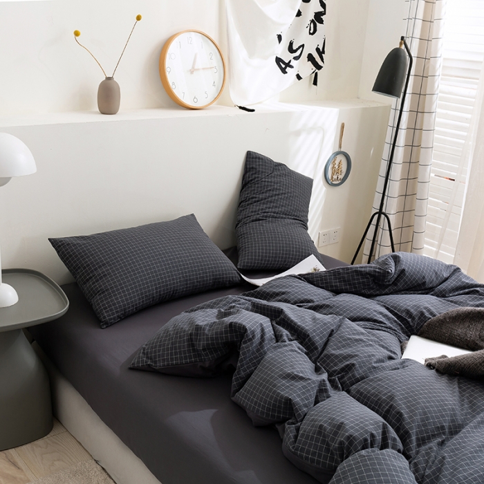 91家纺网 家纺一手货源 找家纺 简色坊 2023新款全棉水洗棉四件套 条格-灰