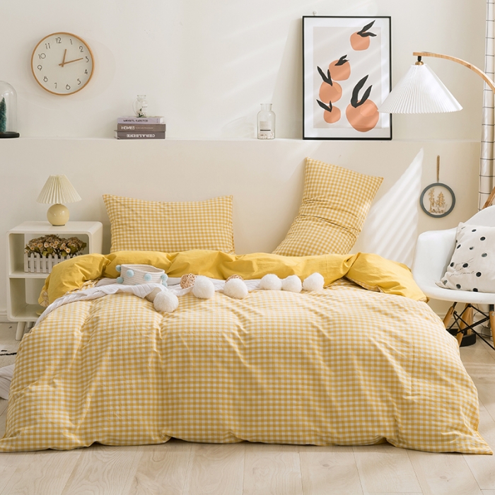 91家纺网 家纺一手货源 找家纺 简色坊 2023新款全棉水洗棉四件套 黄小格