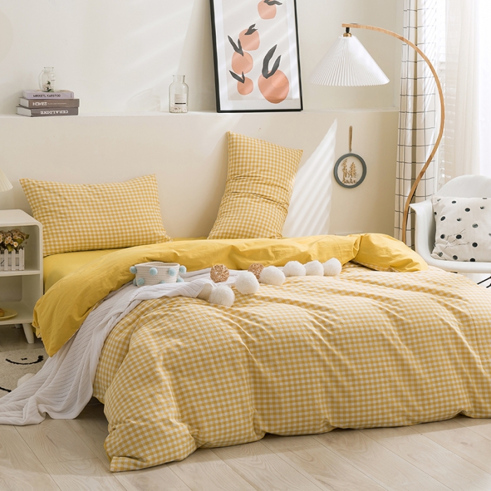 91家纺网 家纺一手货源 找家纺 简色坊 2023新款全棉水洗棉四件套 黄小格