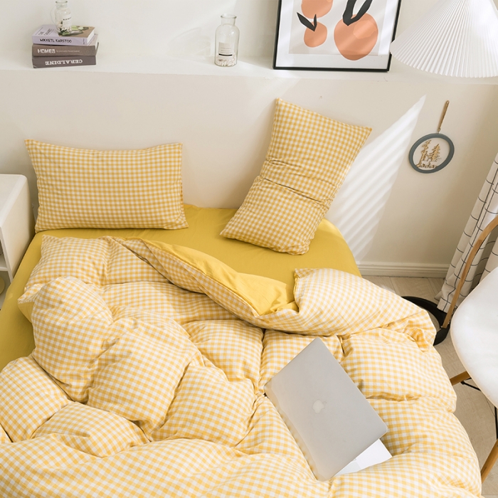 91家纺网 家纺一手货源 找家纺 简色坊 2023新款全棉水洗棉四件套 黄小格