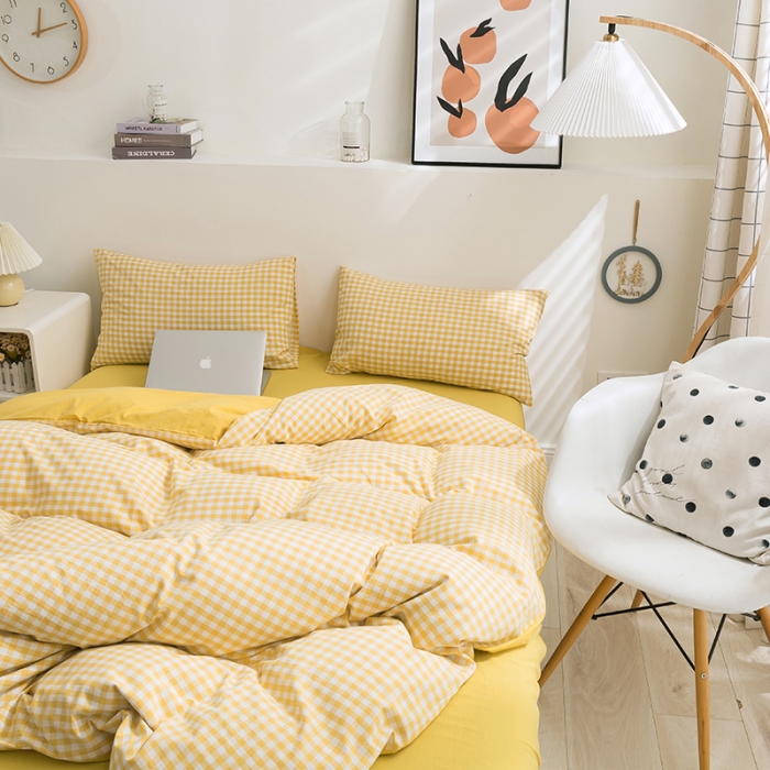 91家纺网 家纺一手货源 找家纺 简色坊 2023新款全棉水洗棉四件套 黄小格