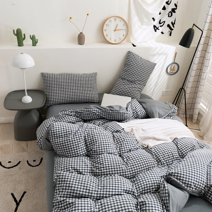 91家纺网 家纺一手货源 找家纺 简色坊 2023新款全棉水洗棉四件套 灰小格