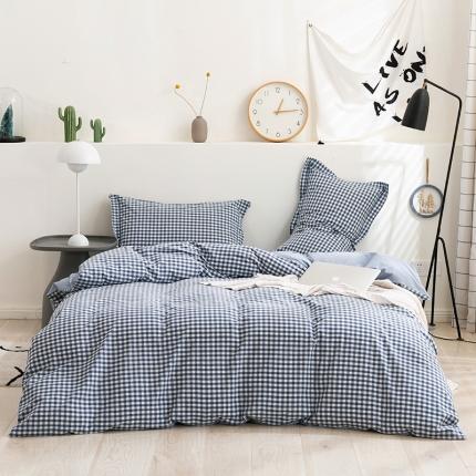 简色坊 2023新款全棉水洗棉四件套 蓝小格