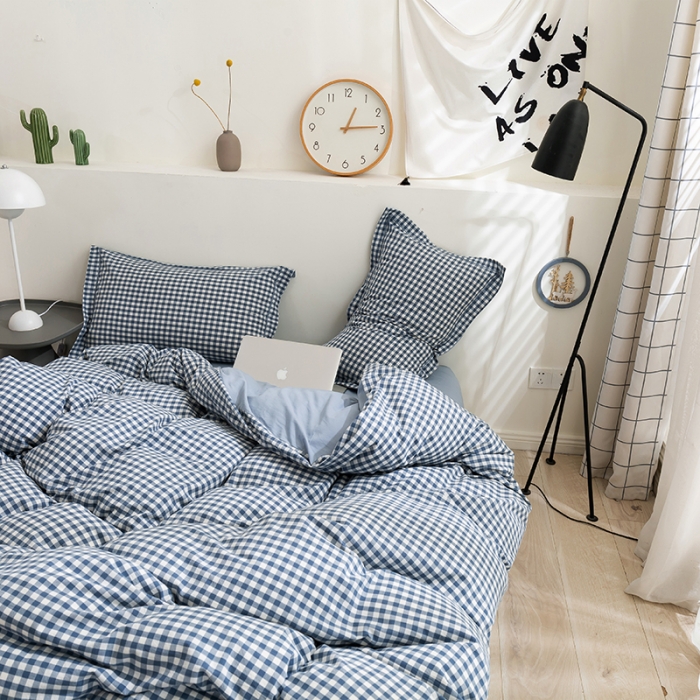 91家纺网 家纺一手货源 找家纺 简色坊 2023新款全棉水洗棉四件套 蓝小格