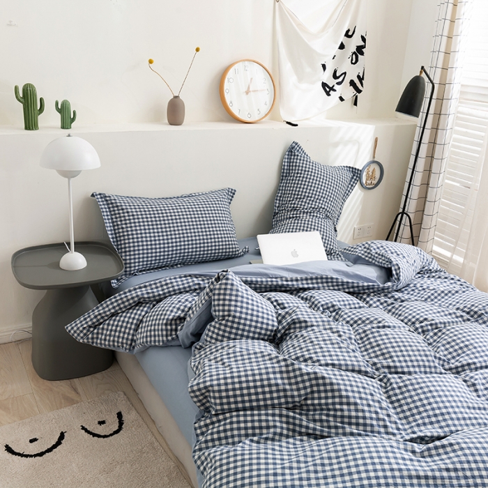 91家纺网 家纺一手货源 找家纺 简色坊 2023新款全棉水洗棉四件套 蓝小格