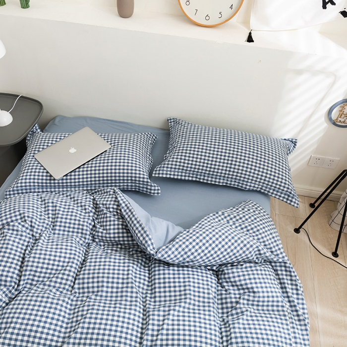 91家纺网 家纺一手货源 找家纺 简色坊 2023新款全棉水洗棉四件套 蓝小格