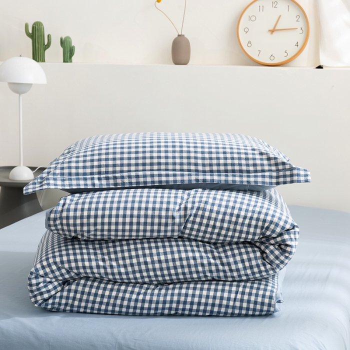 91家纺网 家纺一手货源 找家纺 简色坊 2023新款全棉水洗棉四件套 蓝小格