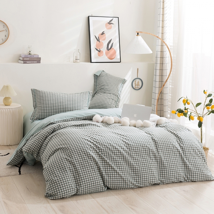 91家纺网 家纺一手货源 找家纺 简色坊 2023新款全棉水洗棉四件套 绿小格