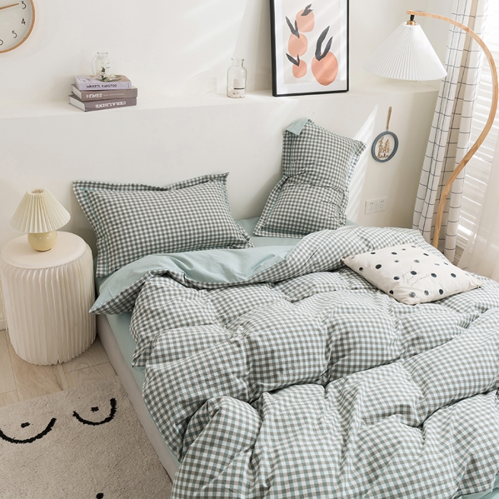 91家纺网 家纺一手货源 找家纺 简色坊 2023新款全棉水洗棉四件套 绿小格