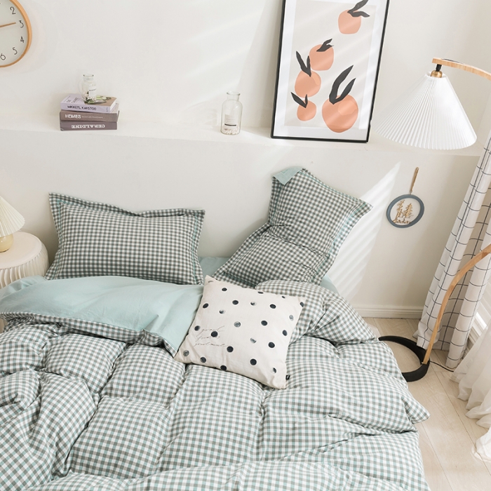 91家纺网 家纺一手货源 找家纺 简色坊 2023新款全棉水洗棉四件套 绿小格