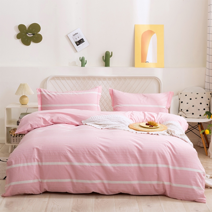 91家纺网 家纺一手货源 找家纺 简色坊 2023新款全棉水洗棉四件套 时尚条纹-粉