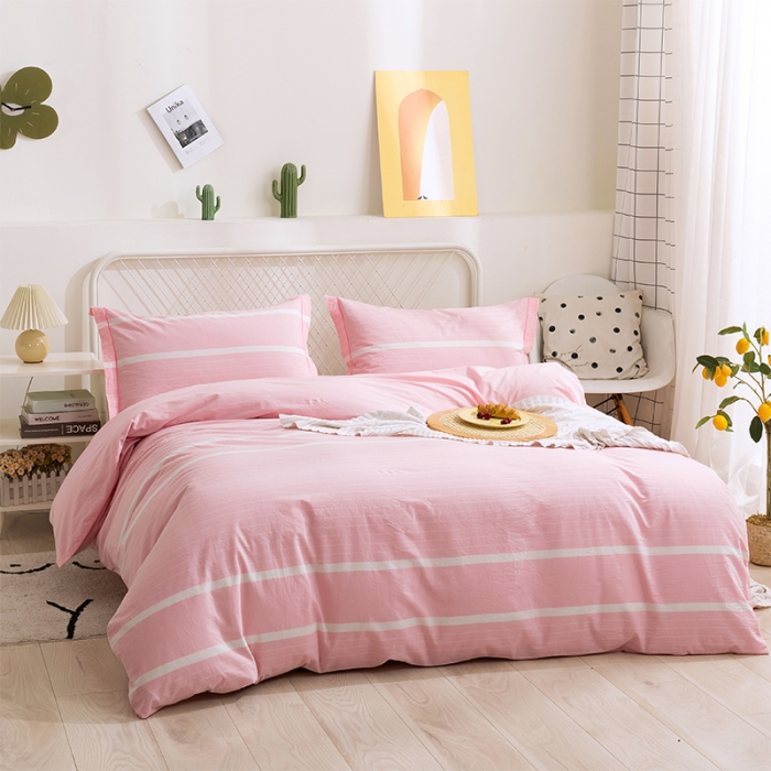 91家纺网 家纺一手货源 找家纺 简色坊 2023新款全棉水洗棉四件套 时尚条纹-粉