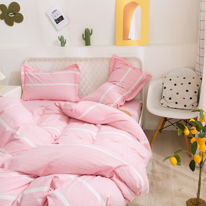 91家纺网 家纺一手货源 找家纺 简色坊 2023新款全棉水洗棉四件套 时尚条纹-粉