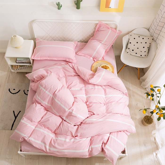 91家纺网 家纺一手货源 找家纺 简色坊 2023新款全棉水洗棉四件套 时尚条纹-粉