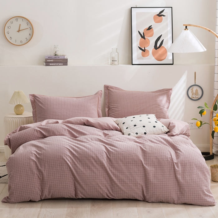 91家纺网 家纺一手货源 找家纺 简色坊 2023新款全棉水洗棉四件套 条格-豆沙