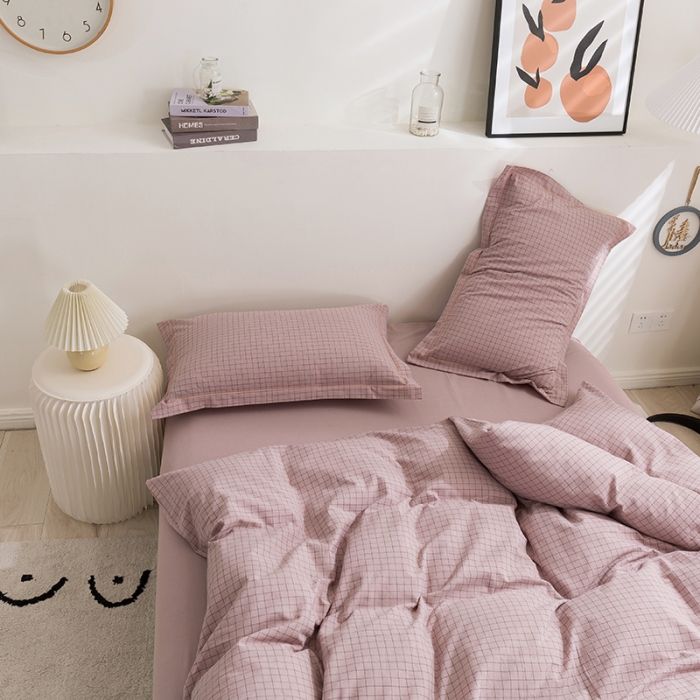 91家纺网 家纺一手货源 找家纺 简色坊 2023新款全棉水洗棉四件套 条格-豆沙