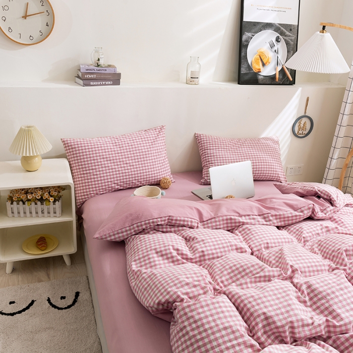 91家纺网 家纺一手货源 找家纺 简色坊 2023新款全棉水洗棉单品被套 豆沙小格